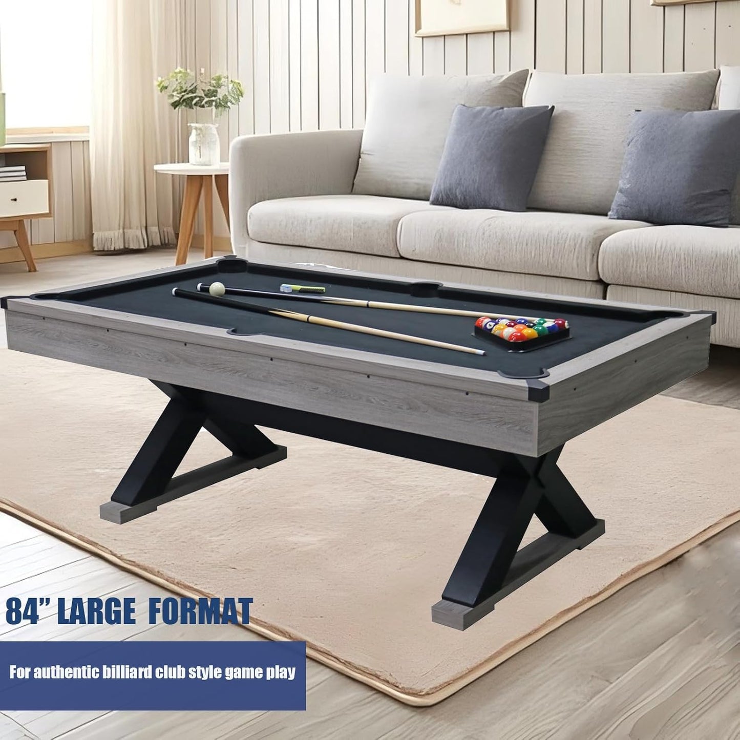 84" Pool Table, 7 FT Billiard Tables with 2 Cue Sticks, Billiard Balls, Cues, Cleaning Brush,Stable Legs,Modern Billiards Table,Black Cloth, Rustic Grey,84.1" L x 46.5" W x 32" H