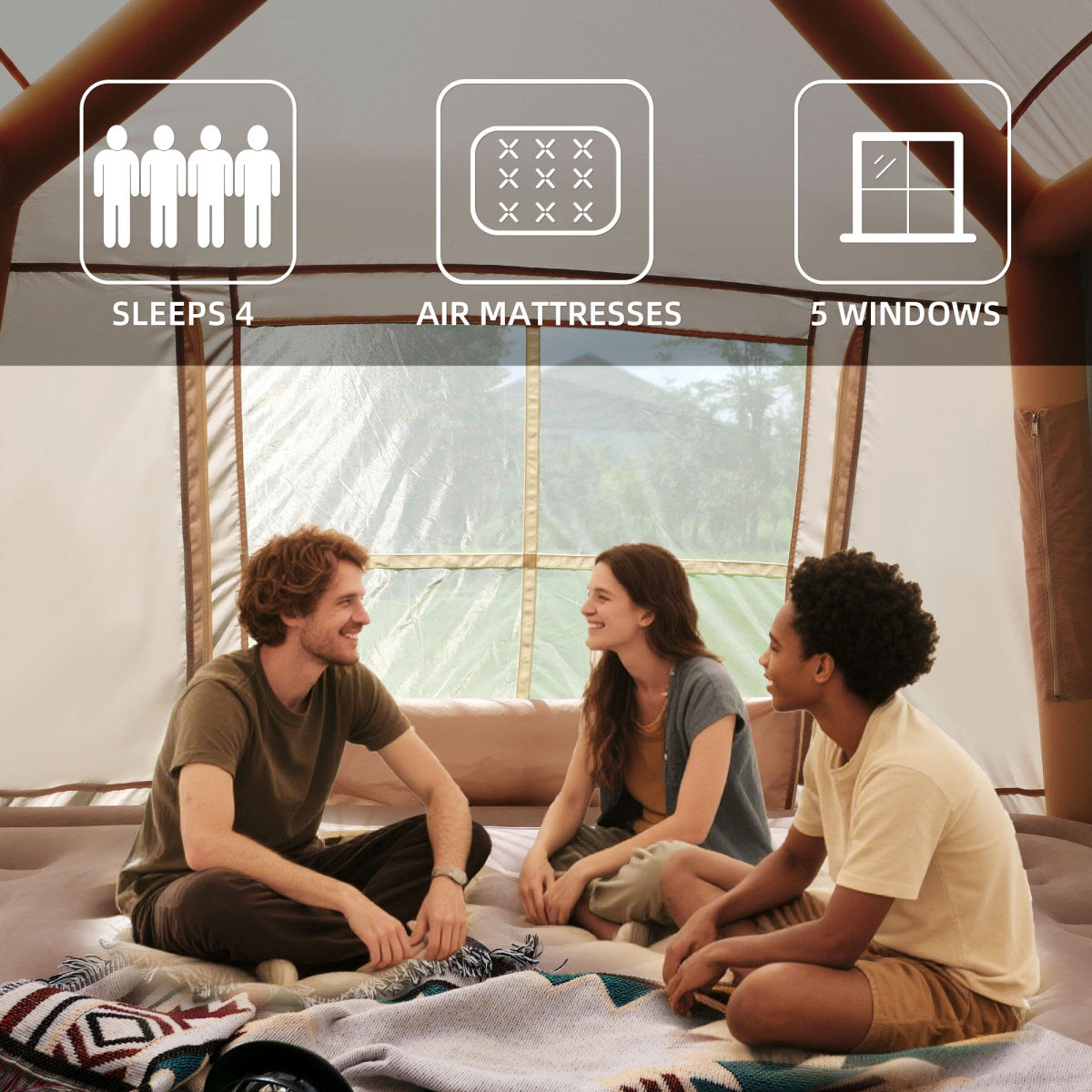5.72m ² Inflatable Camping Tent, Glamping Tents Easy Setup 4 Season Windproof Outdoor Cotton Tent with Stove Jack & Mesh Windows & Pump