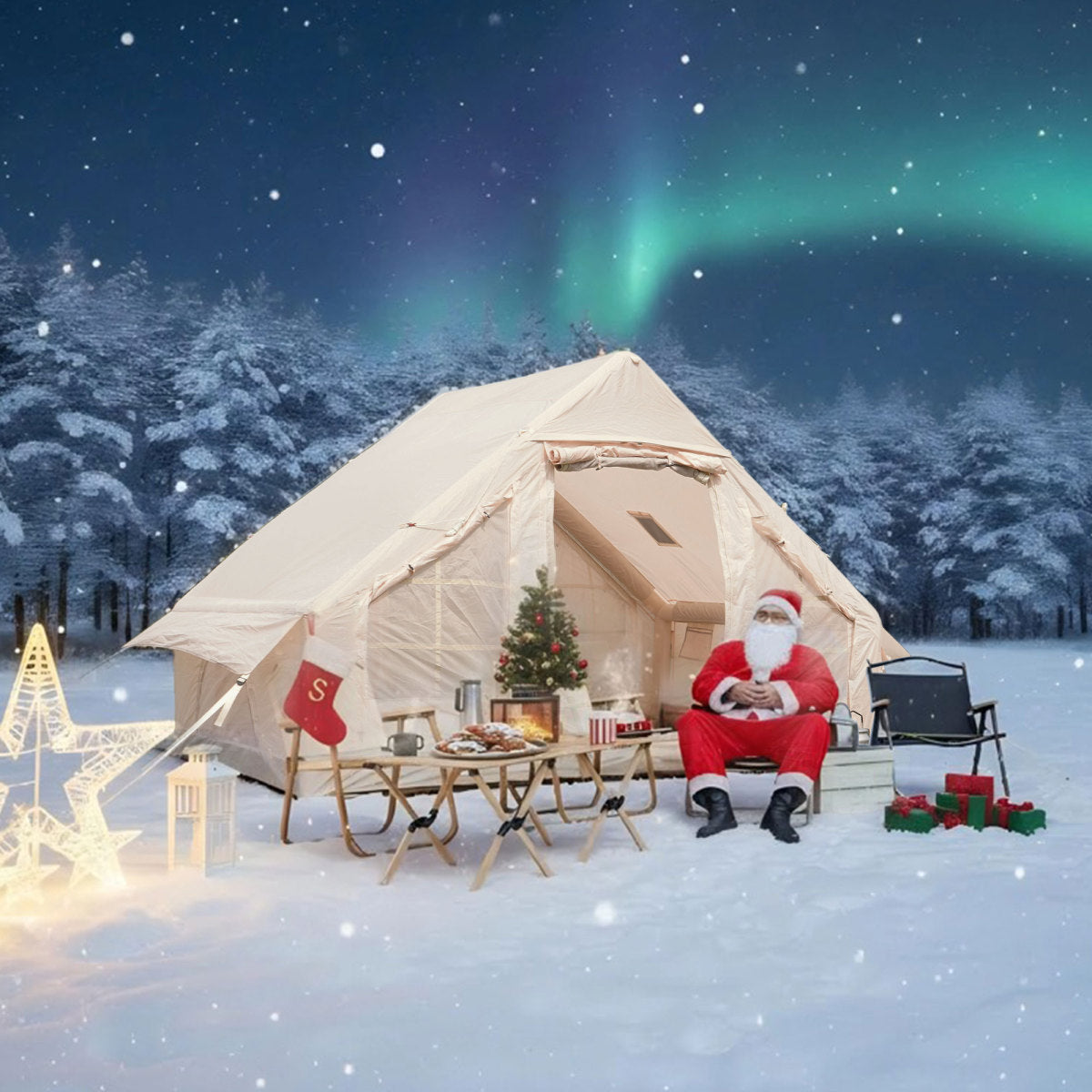Inflatable Camping Tents with Hand Pump, Air Glamping Tents, Easy Setup Waterproof and Windproof Blow up Tent, 4 Seasons Oxford Cabin Tent with Mesh & Chimney Window.   WL