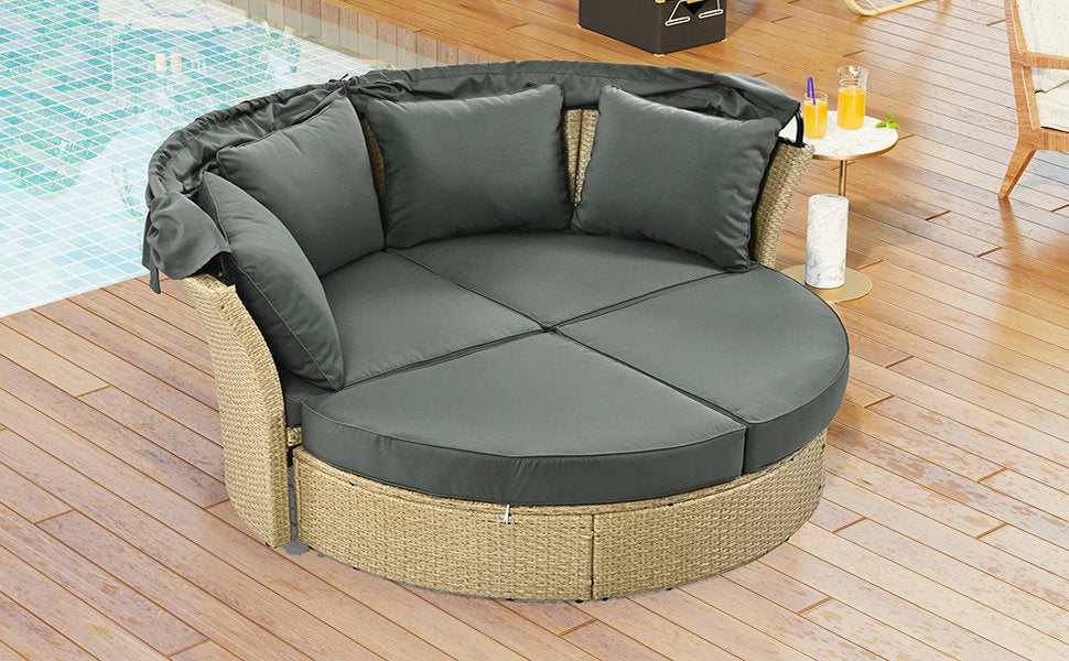 Outdoor Patio Rattan Round Daybed with Retractable Canopy, Wicker Furniture Clamshell Sectional Seating Sunbed with Removable Cushions and 4 Pillows for Patio Backyard Porch,Grey