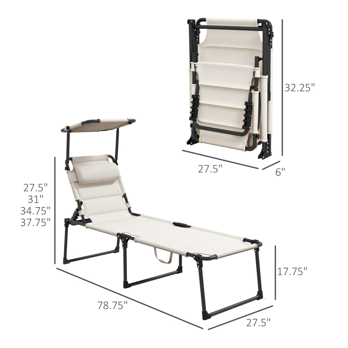 Outsunny 2 Pcs Outdoor Lounge Chair, Adjustable Backrest Folding Chaise Lounge, Cushioned Tanning Chair w/ Sunshade Roof & Pillow Headrest for Beach, Camping, Hiking, Cream White