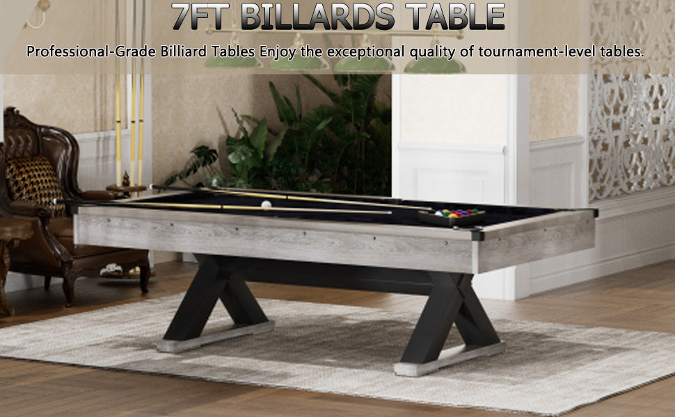 84" Pool Table, 7 FT Billiard Tables with 2 Cue Sticks, Billiard Balls, Cues, Cleaning Brush,Stable Legs,Modern Billiards Table,Black Cloth, Rustic Grey,84.1" L x 46.5" W x 32" H