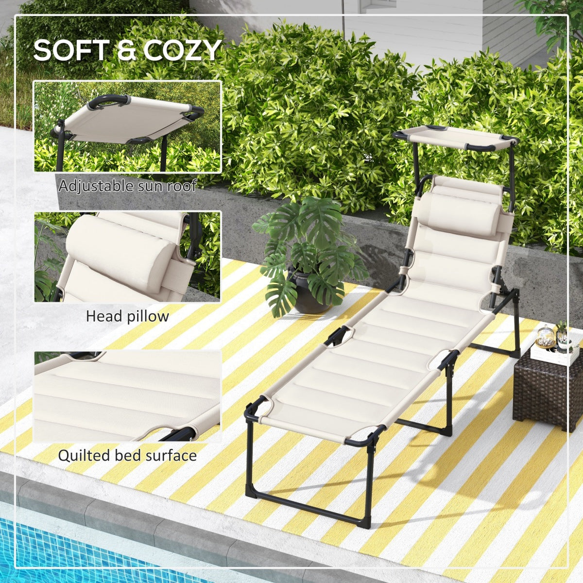 Outsunny 2 Pcs Outdoor Lounge Chair, Adjustable Backrest Folding Chaise Lounge, Cushioned Tanning Chair w/ Sunshade Roof & Pillow Headrest for Beach, Camping, Hiking, Cream White
