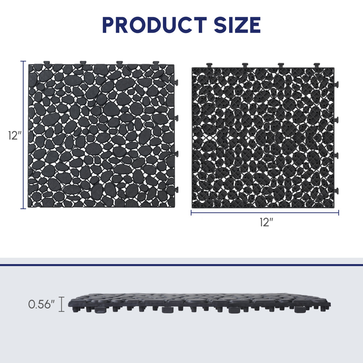 12 x 12 Inch Black Interlocking Deck Tiles Plastic Waterproof Outdoor All Weather Anti-slip Bathroom Shower Balcony Porch Strong Weight Capacity Upto 440 LBS, Pebble Stone Pattern Pack of 12