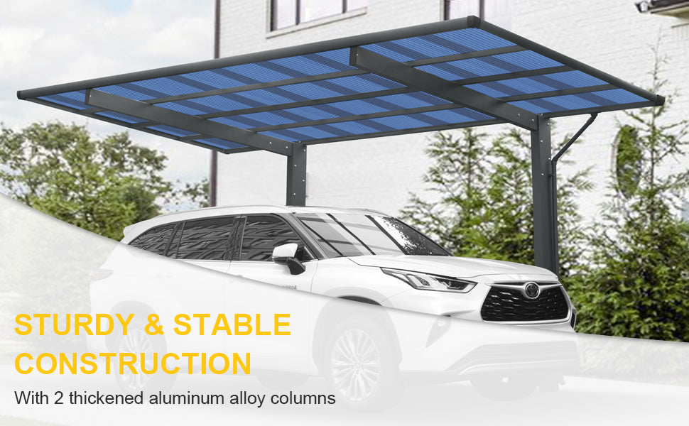 Outdoor Carport, 17.44FT*9FT Single Carport Aluminum Metal Frame and Polycarbonate Panels Car Port for Outdoor Driveway Car, Truck (Black)