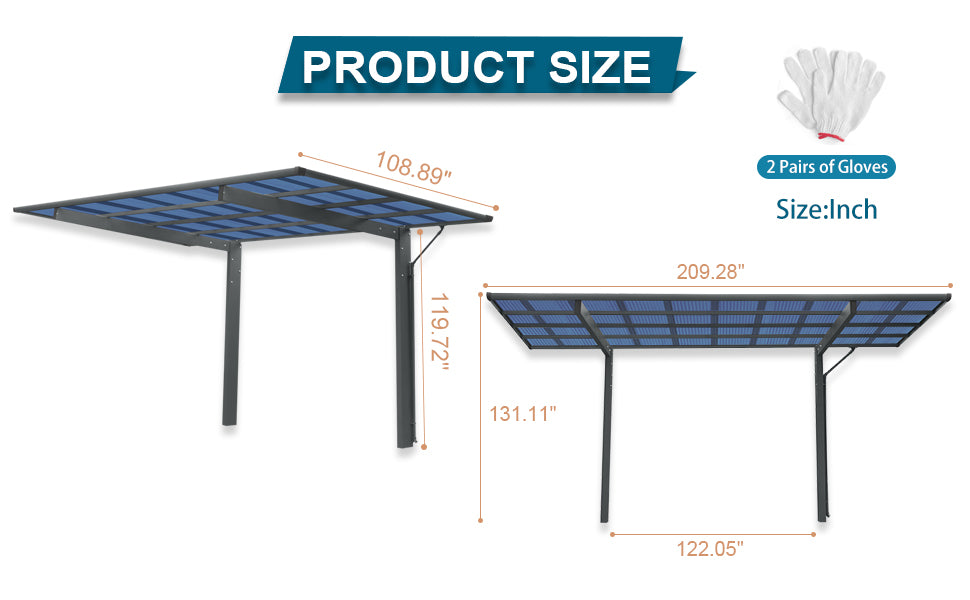 Outdoor Carport, 17.44FT*9FT Single Carport Aluminum Metal Frame and Polycarbonate Panels Car Port for Outdoor Driveway Car, Truck (Black)