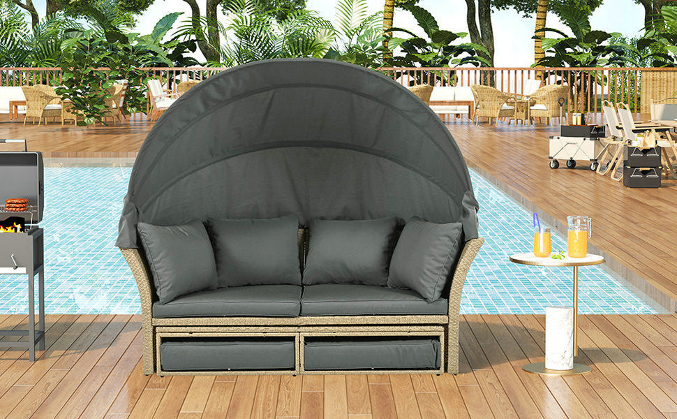 Outdoor Patio Rattan Round Daybed with Retractable Canopy, Wicker Furniture Clamshell Sectional Seating Sunbed with Removable Cushions and 4 Pillows for Patio Backyard Porch,Grey