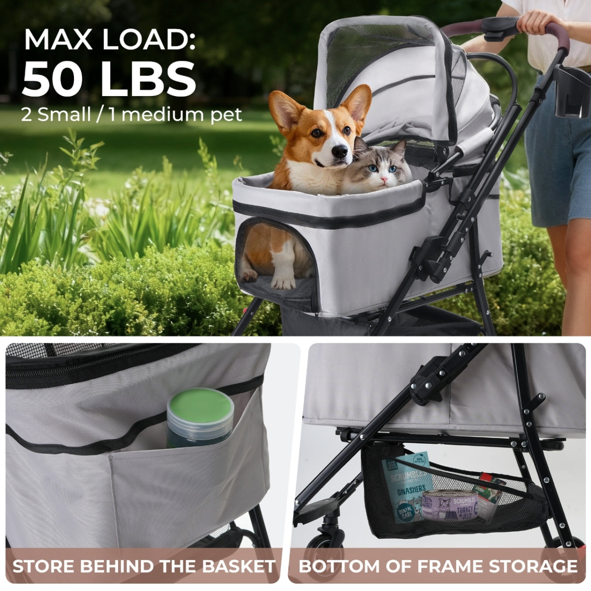 4-Wheel Foldable Pet Stroller for Dogs & Cats  360° Rotating Wheels, Separable Carrier & Travel Bag for Small Animals