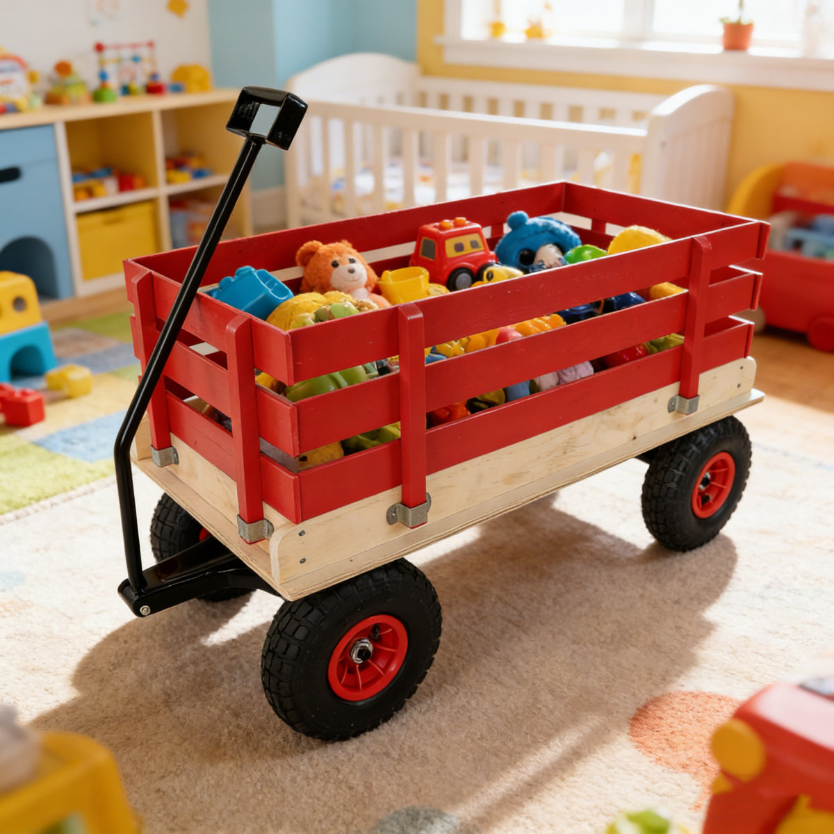 Children's and garden wooden carriages, all-terrain rubber inflatable wheelers, outdoor games, courtyard transportation, picnic supplies (red and natural colors)