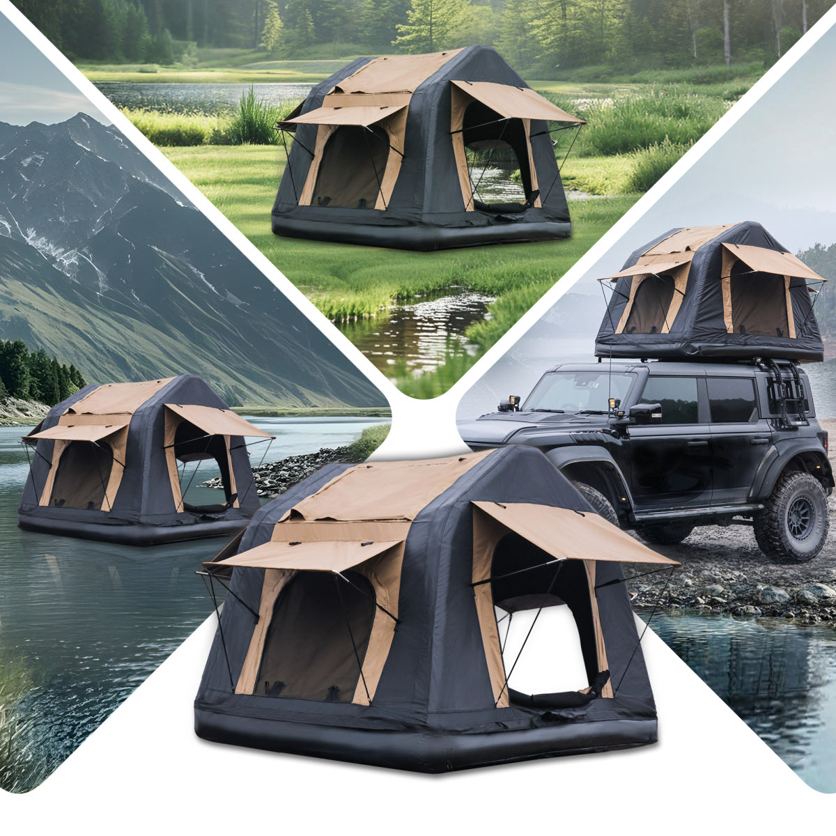 Foldable 2-3 People Amphibious Inflatable Car Roof Top Tent for camping Outdoor Glamping Camping Tent for SUV,Truck( Without Ladder, Two-tone Style, Khaki & Black)