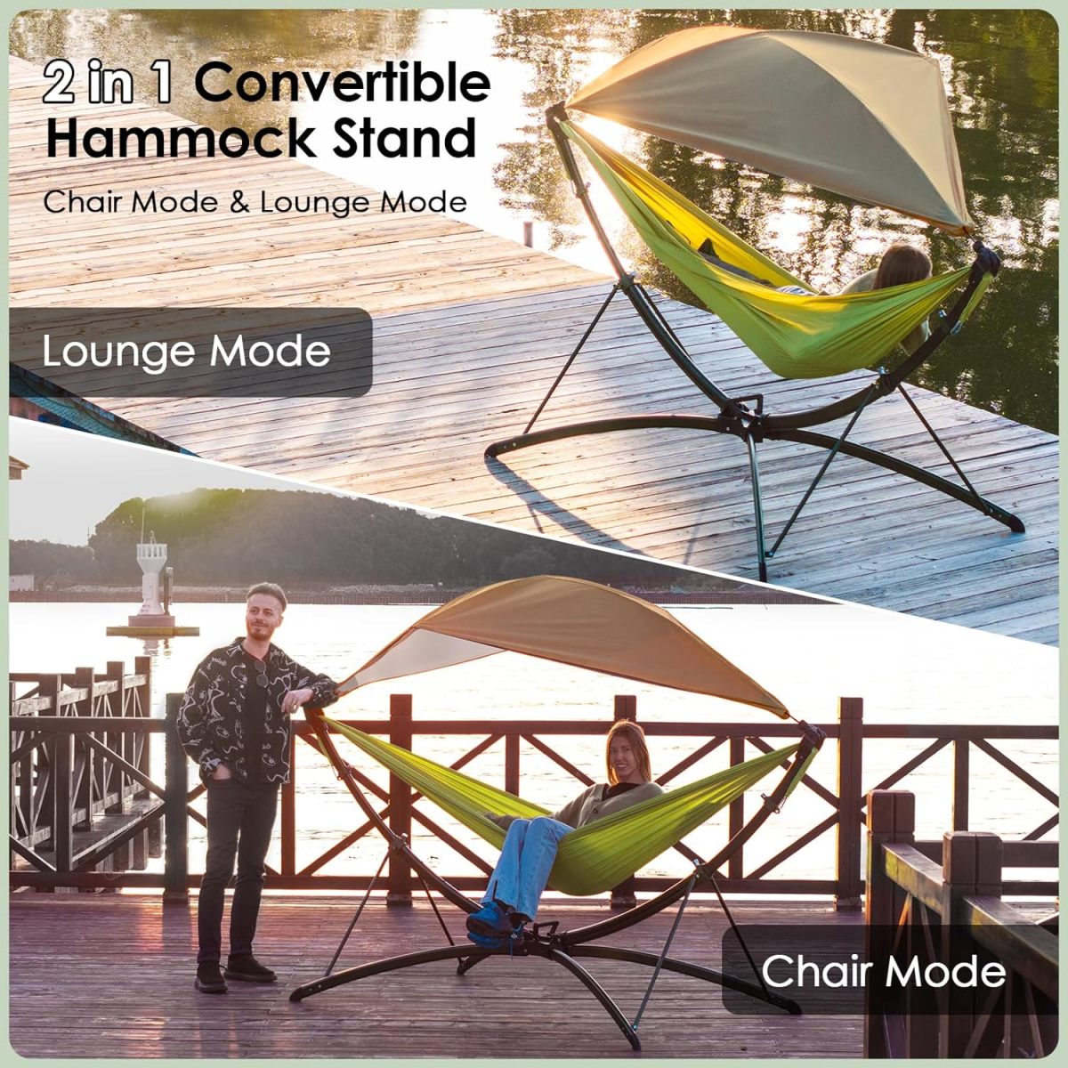 Portable Outdoor/Garden Hammock with Quick-Fold Stand, Adjustable Sunshade, and Storage Bag Adult/Child Hammock Chair Heavy-Duty Hammock Suitable for Camping, Home Gardens, Hotels, Outdoors, Beaches,