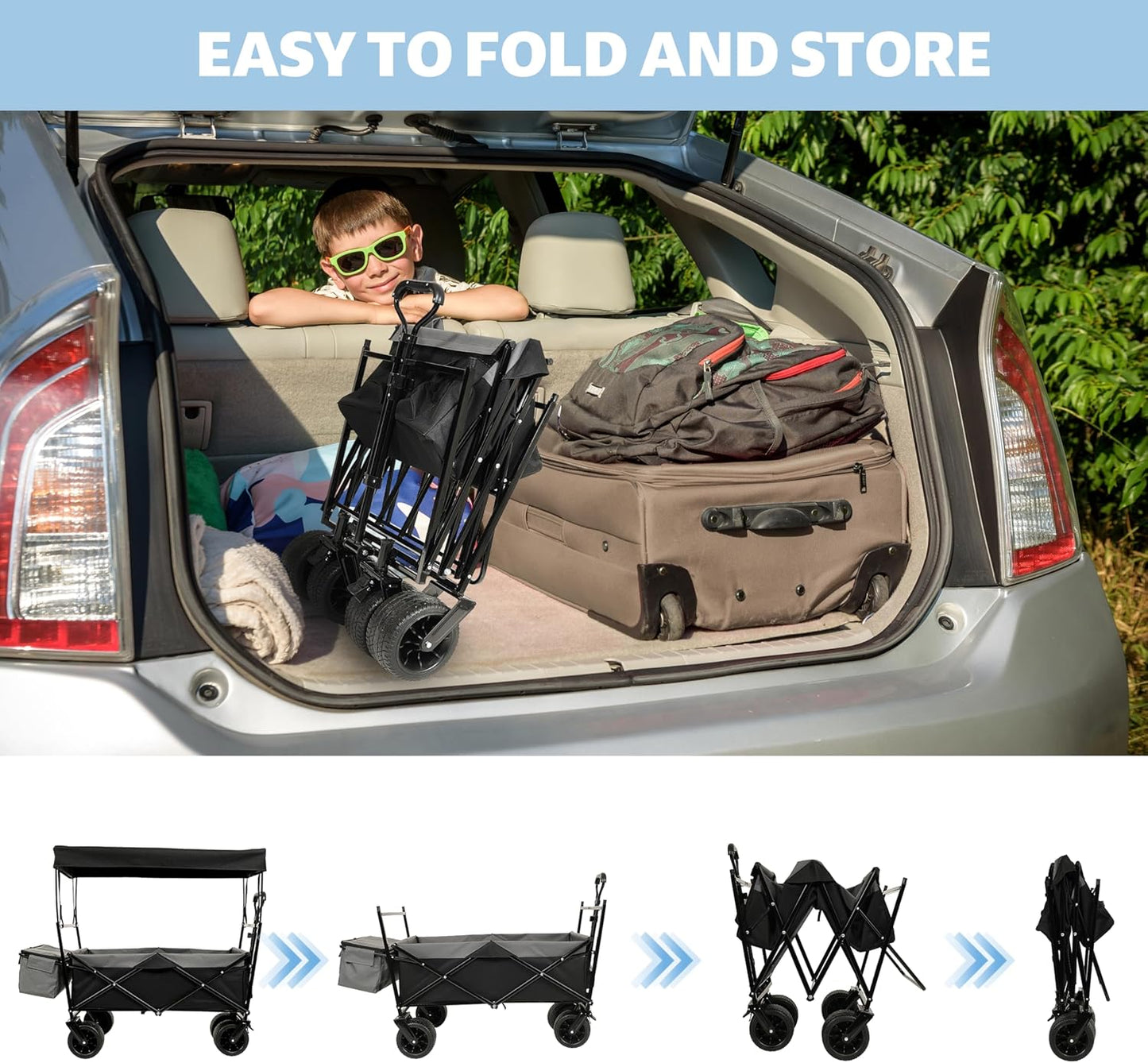 500Lbs Collapsible Wagon with Canopy, Lightweight Foldable Wagon Heavy Duty Utility Outdoor Garden Cartwith Mosquito net, Large Capacity for Camping, Shopping, Sports, and Garden Use (Black)