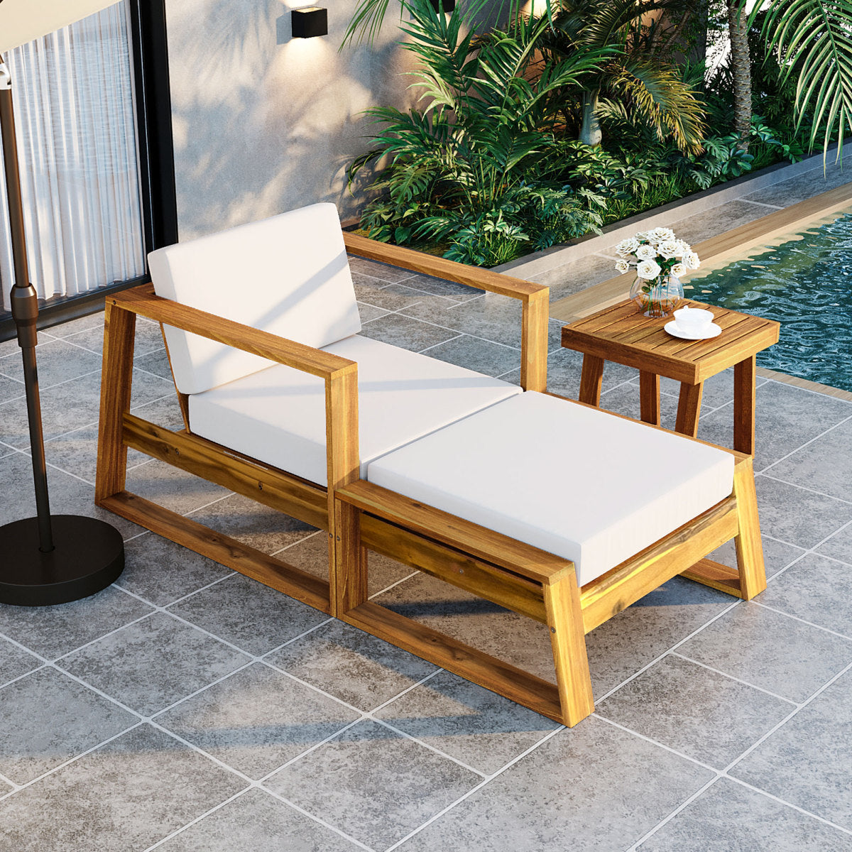 U_STYLE Acacia Wood Outdoor Lounge Set - Chair and Ottoman with Removable Cushions, All-Weather Outdoor Chaise Lounge/Daybed, Perfect for Patios, Balconies, and Gardens