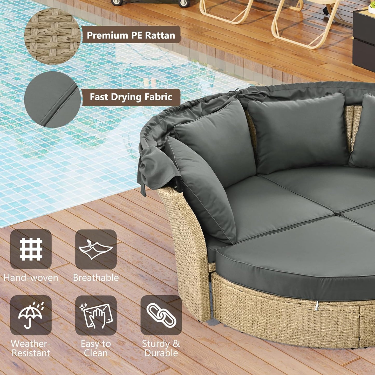 Outdoor Patio Rattan Round Daybed with Retractable Canopy, Wicker Furniture Clamshell Sectional Seating Sunbed with Removable Cushions and 4 Pillows for Patio Backyard Porch,Grey