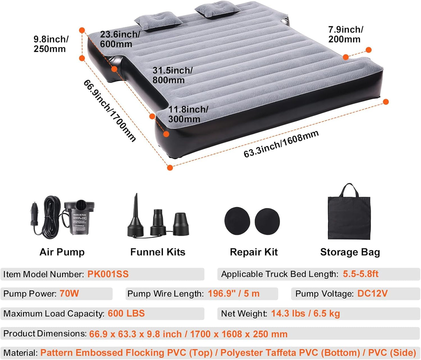 Inflatable Mattress for Pickup Beds, 5.5-5.8 ft Air Bed for Camping, Electric Pump, 2 Pillows, Storage Bag, Fits Silverado, RAM, F Series, Sierra, Titan, Tundra, Grey