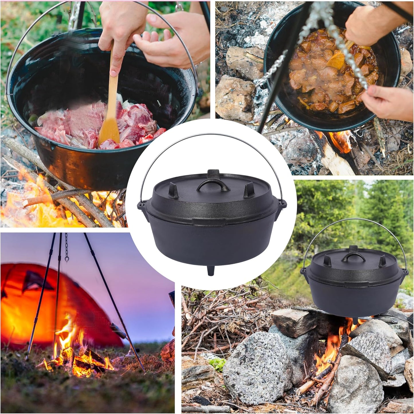 Pre-Seasoned Cast Iron Dutch Oven with Skillet Lid for Camping Outdoor Cooking BBQ Baking 12 Quart Versatile Design Easy Carry Handle Safety Features Ideal for Family Gatherings