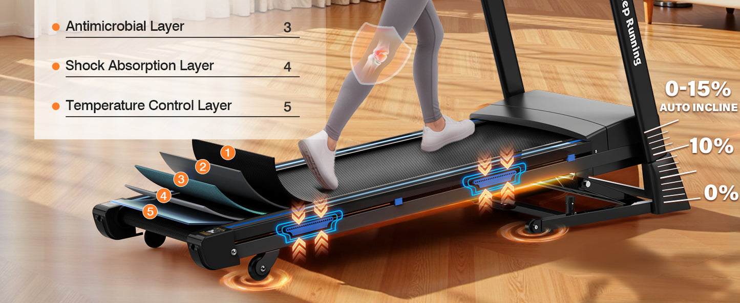 FYC Foldable Treadmill with Auto Incline (0-15°) – 3.5HP Quiet Motor, 400 lb Capacity, Bluetooth Speakers, APP Control, Shock Absorption, LCD Display & Heart Rate Monitor – Folding Treadmill for Home