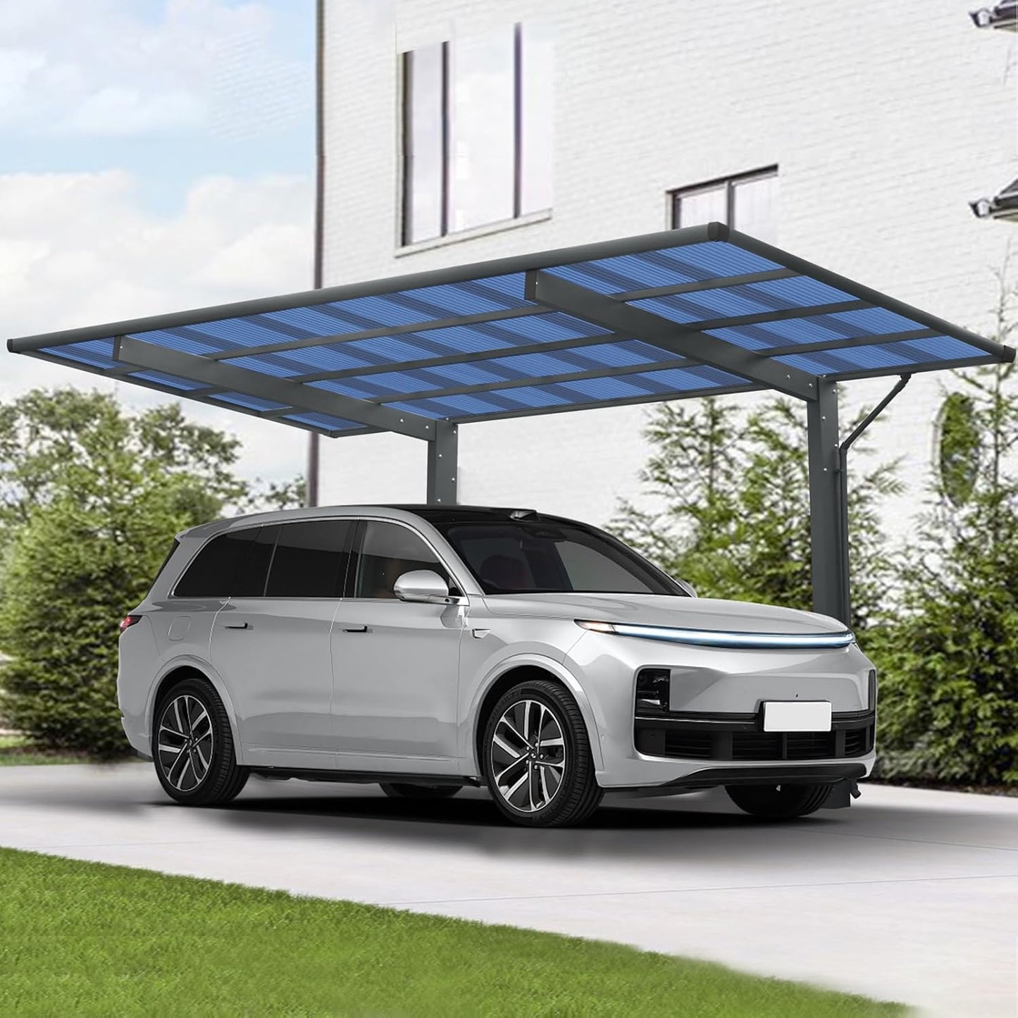 Outdoor Carport, 17.44FT*9FT Single Carport Aluminum Metal Frame and Polycarbonate Panels Car Port for Outdoor Driveway Car, Truck (Black)