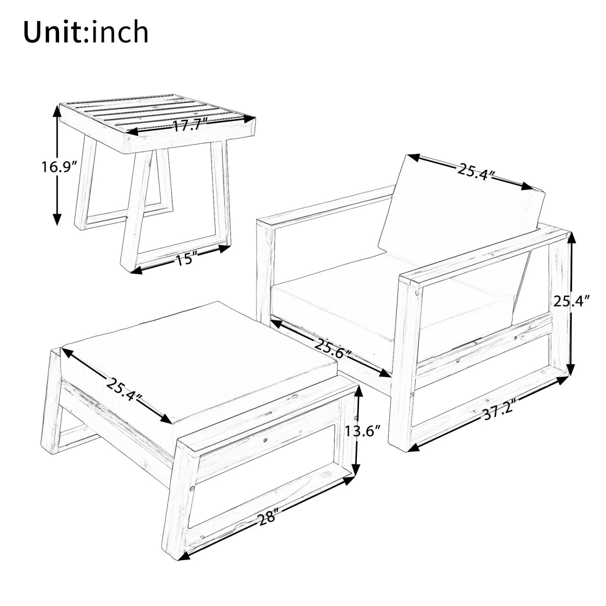 U_STYLE Acacia Wood Outdoor Lounge Set - Chair and Ottoman with Removable Cushions, All-Weather Outdoor Chaise Lounge/Daybed, Perfect for Patios, Balconies, and Gardens