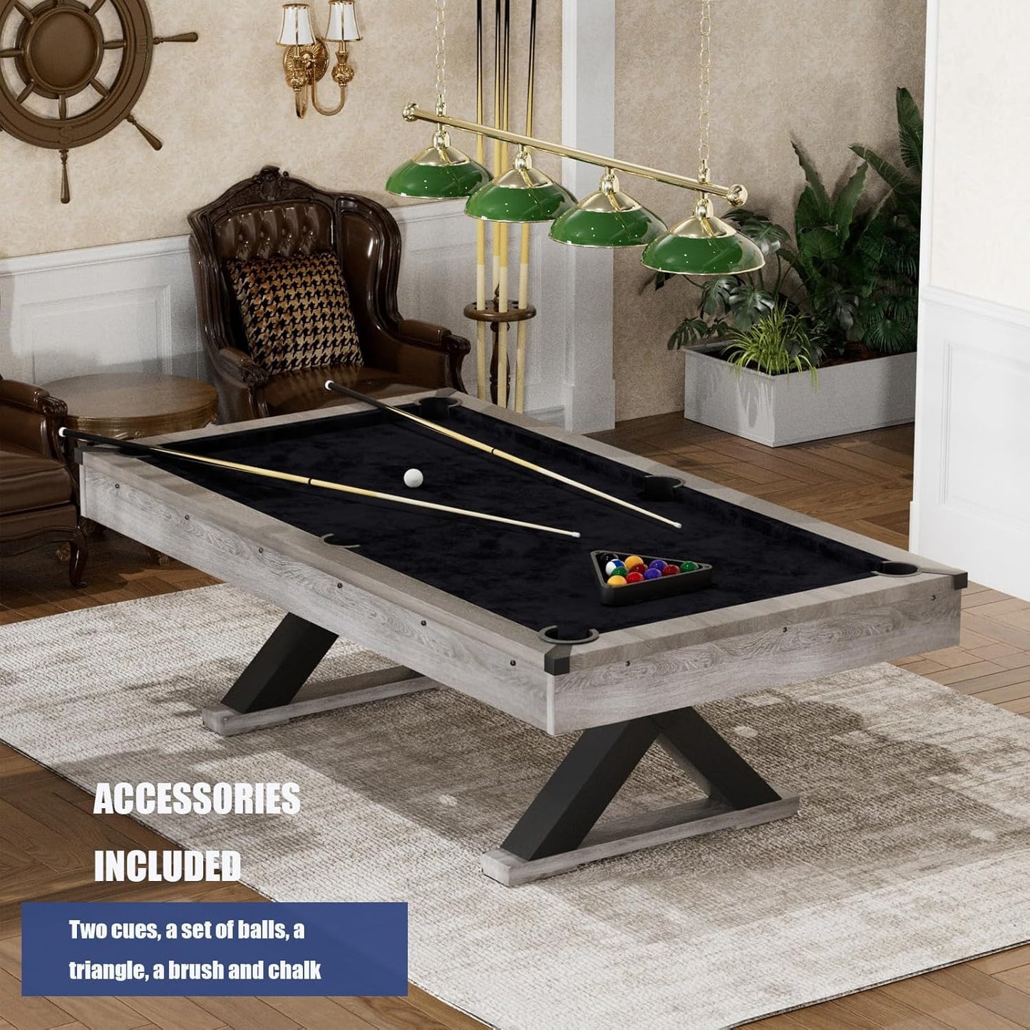 84" Pool Table, 7 FT Billiard Tables with 2 Cue Sticks, Billiard Balls, Cues, Cleaning Brush,Stable Legs,Modern Billiards Table,Black Cloth, Rustic Grey,84.1" L x 46.5" W x 32" H