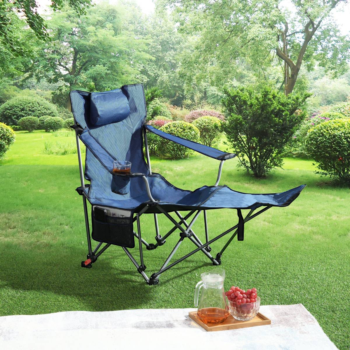 Outdoor Camping Chairs Folding/Portable/Adjustable reclining chair(Three-level adjustment), Side Pockets & Cup Holder,Carry Bag,Dark Blue    RR