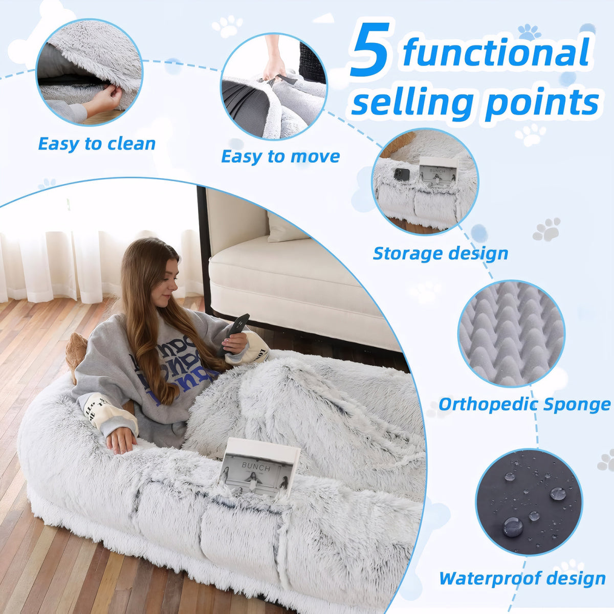 Human Dog Bed, Washable Faux Fur Dog Bed for People Doze Off, Napping Orthopedic Dog Bed,71''x45''x14'' Size Fits You and Pets (Grey) - Blankets and Pillows NOT INCLUDED