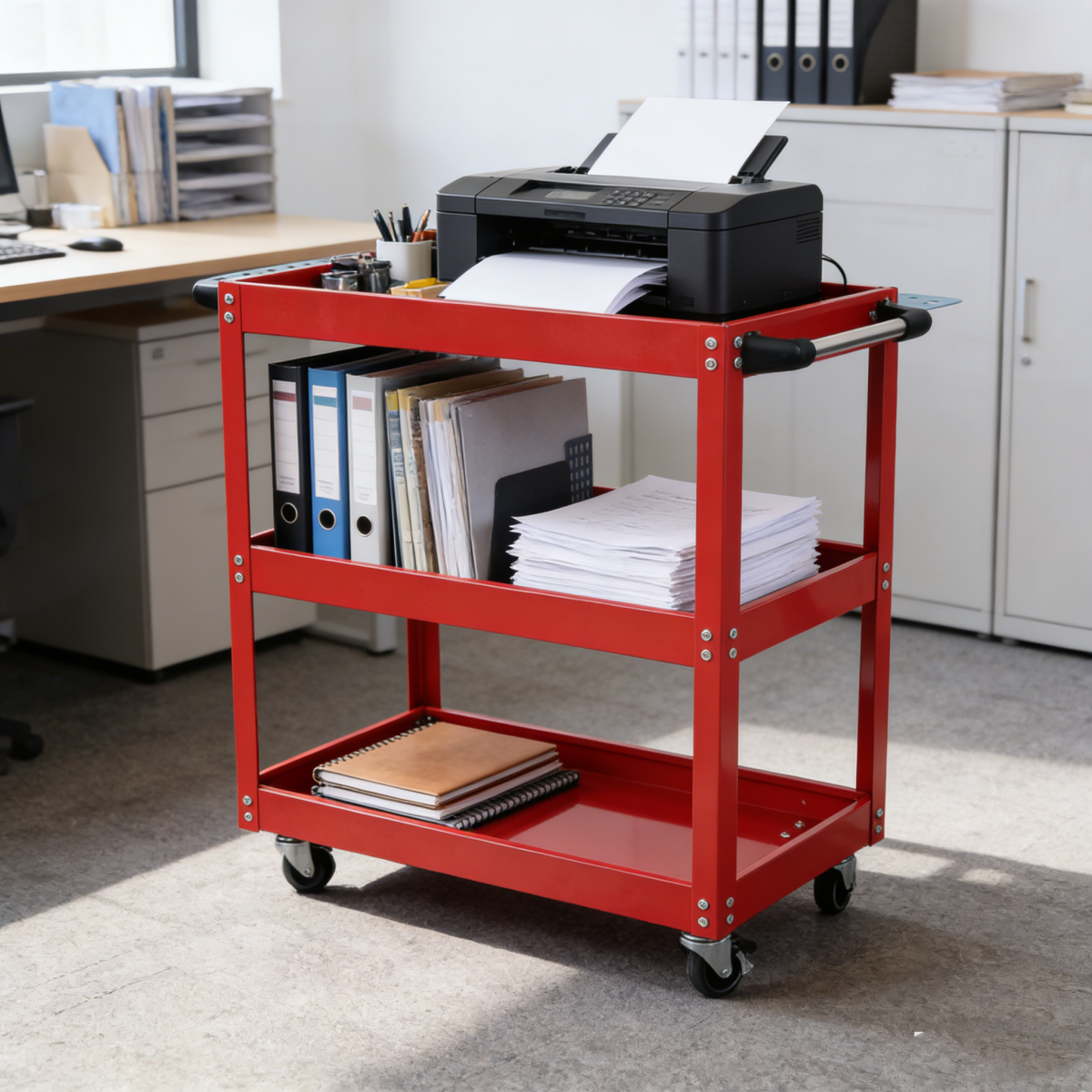 Tool Cart on Wheels, 3 Tier Rolling Mechanic Tool Cart, Heavy Duty Steel Utility Cart w/Lockable Wheels, 450 LBS Capacity Industrial Service Cart for Garage, Warehouse, Workshop (Bright Red)