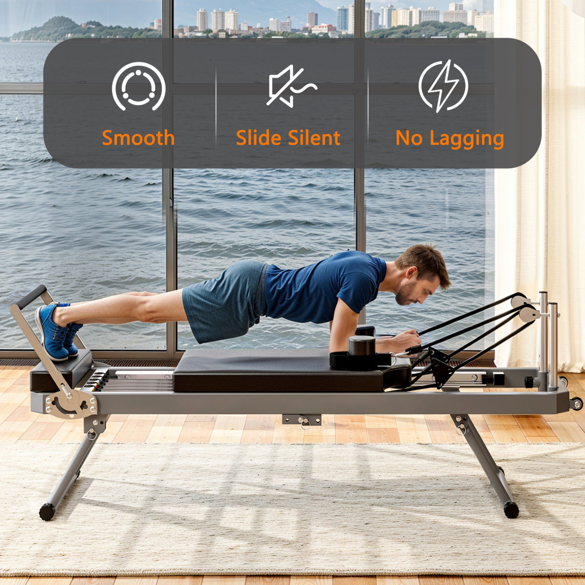 Extra Large Pilates Reformer - Multi-functional Home Fitness Equipment, 395lbs Capacity, with Dynamic Resistance Cords and Aerobic Rebounder, Improves Posture, Builds Strength, Reduces Stress, black