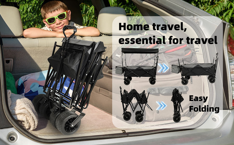 500Lbs Collapsible Wagon with Canopy, Lightweight Foldable Wagon Heavy Duty Utility Outdoor Garden Cartwith Mosquito net, Large Capacity for Camping, Shopping, Sports, and Garden Use (Black)