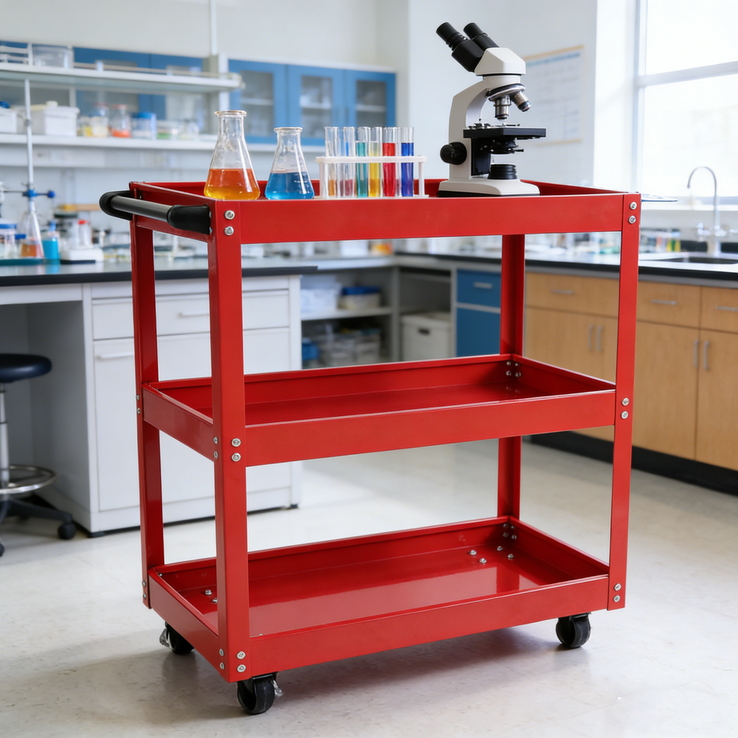 Tool Cart on Wheels, 3 Tier Rolling Mechanic Tool Cart, Heavy Duty Steel Utility Cart w/Lockable Wheels, 450 LBS Capacity Industrial Service Cart for Garage, Warehouse, Workshop (Bright Red)