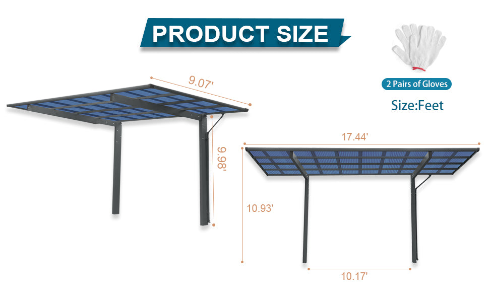Outdoor Carport, 17.44FT*9FT Single Carport Aluminum Metal Frame and Polycarbonate Panels Car Port for Outdoor Driveway Car, Truck (Black)