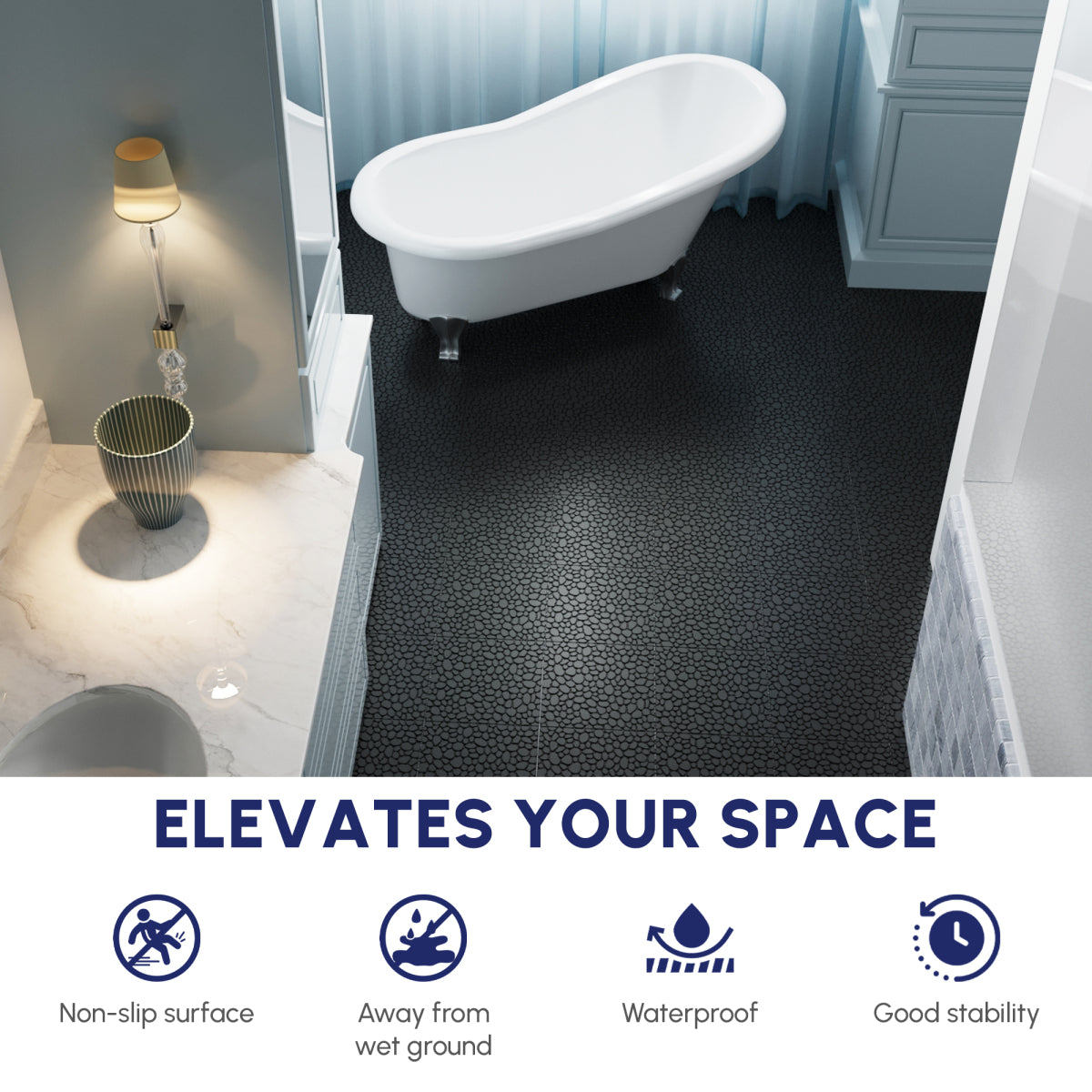 12 x 12 Inch Black Interlocking Deck Tiles Plastic Waterproof Outdoor All Weather Anti-slip Bathroom Shower Balcony Porch Strong Weight Capacity Upto 440 LBS, Pebble Stone Pattern Pack of 12