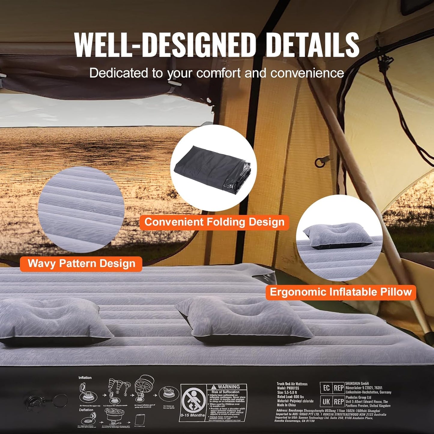 Inflatable Mattress for Pickup Beds, 5.5-5.8 ft Air Bed for Camping, Electric Pump, 2 Pillows, Storage Bag, Fits Silverado, RAM, F Series, Sierra, Titan, Tundra, Grey
