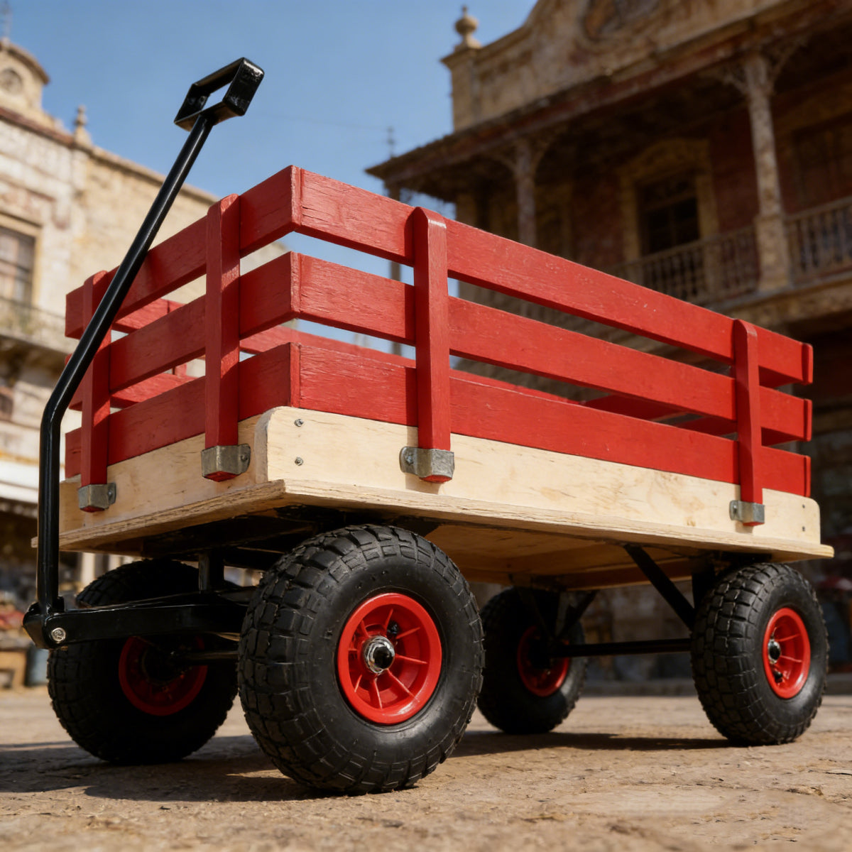 Children's and garden wooden carriages, all-terrain rubber inflatable wheelers, outdoor games, courtyard transportation, picnic supplies (red and natural colors)