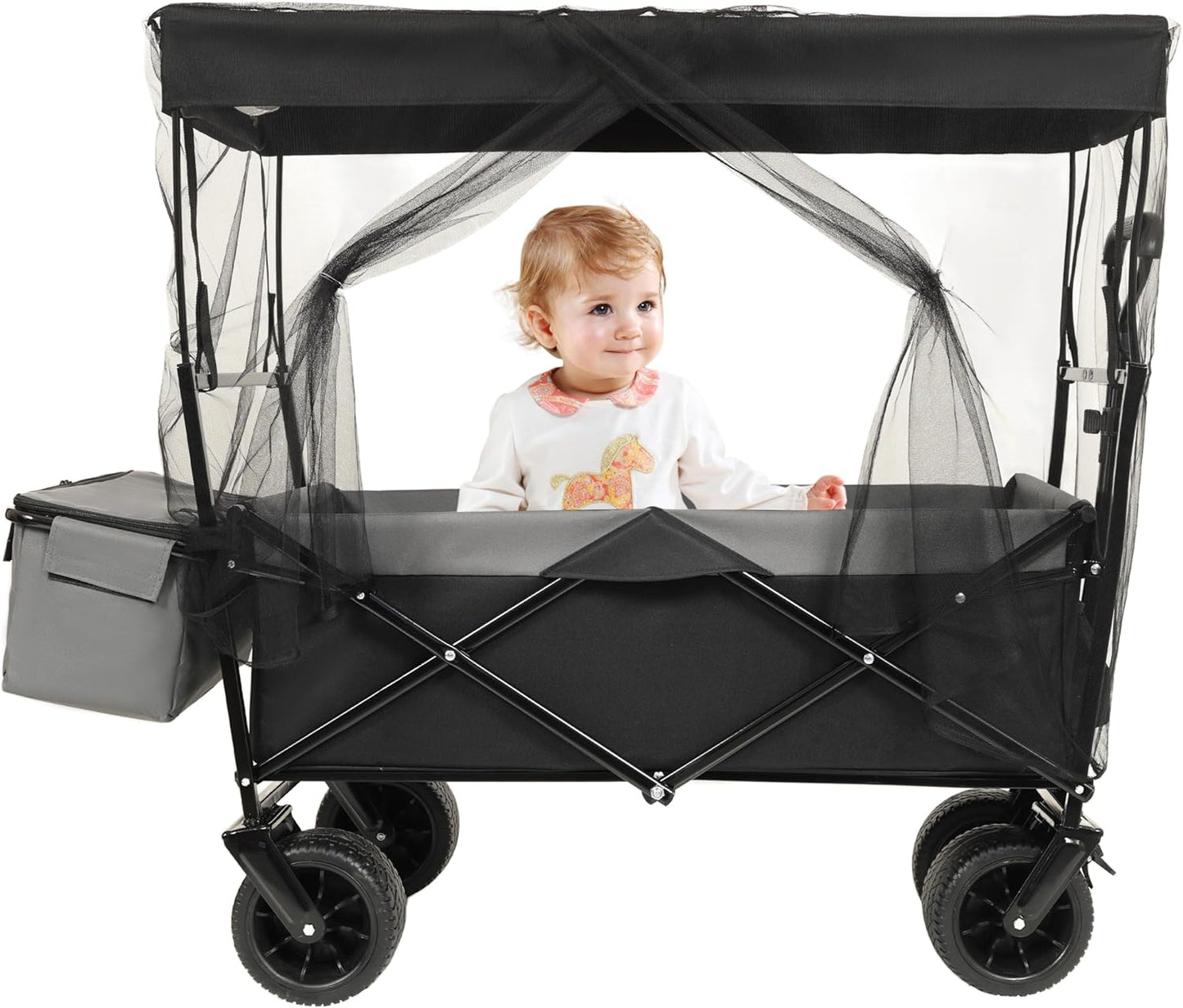 500Lbs Collapsible Wagon with Canopy, Lightweight Foldable Wagon Heavy Duty Utility Outdoor Garden Cartwith Mosquito net, Large Capacity for Camping, Shopping, Sports, and Garden Use (Black)