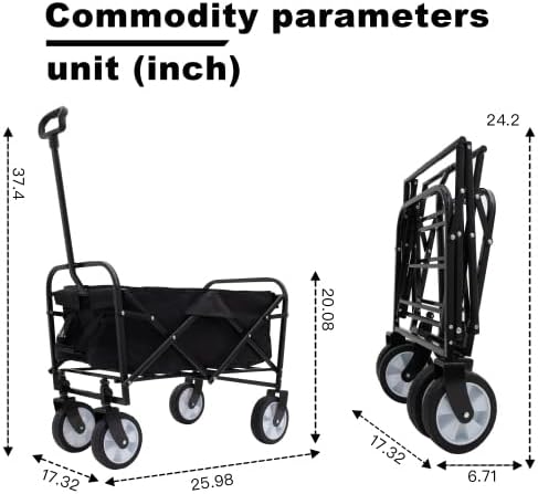 Minimeetall Extention Collapsible Foldable Cart Beach Wagon Heavy Duty Utility Cart Utility Wagon Grocery Cart for for Camping Shopping Sports Gardeing Fishing Supports 225lbs (Black)