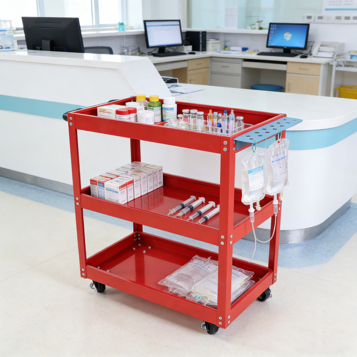 Tool Cart on Wheels, 3 Tier Rolling Mechanic Tool Cart, Heavy Duty Steel Utility Cart w/Lockable Wheels, 450 LBS Capacity Industrial Service Cart for Garage, Warehouse, Workshop (Bright Red)