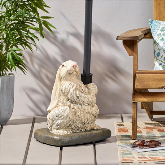 Rabbit Umbrella Base - 50lb Matte White Outdoor Patio Stand - Concrete with Resin Finish - Fits 1.5", 1.75", & 2" Poles - Charming Garden Decor