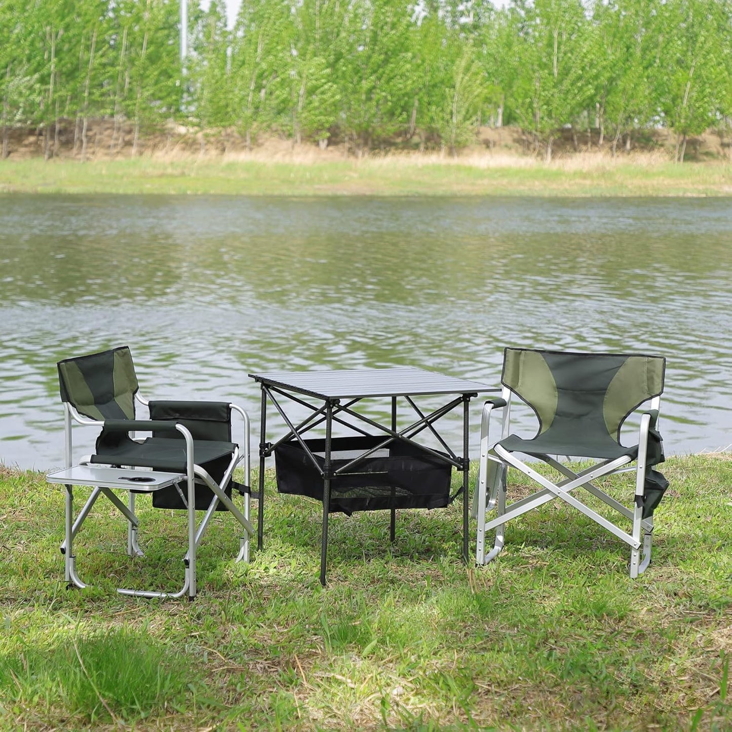 Oversized Camping Directors Chair, Portable Aluminum Camping Chairs, Padded Folding Directors Chair with Side Table Storage Pockets, Outdoor Camping, Picnics and Fishing (2, Green)