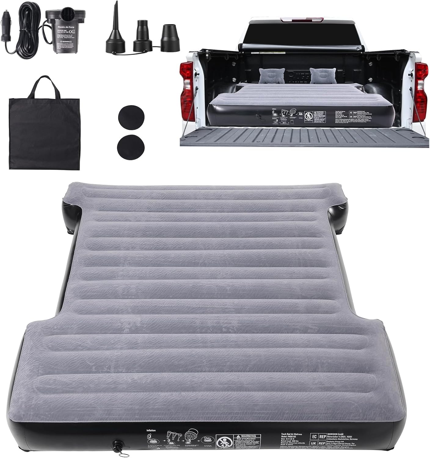 Inflatable Mattress for Pickup Beds, 5.5-5.8 ft Air Bed for Camping, Electric Pump, 2 Pillows, Storage Bag, Fits Silverado, RAM, F Series, Sierra, Titan, Tundra, Grey