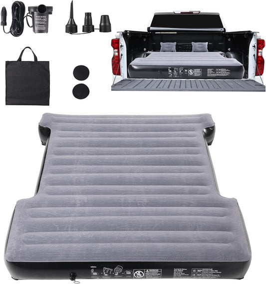 Inflatable Mattress for Pickup Beds, 5.5-5.8 ft Air Bed for Camping, Electric Pump, 2 Pillows, Storage Bag, Fits Silverado, RAM, F Series, Sierra, Titan, Tundra, Grey