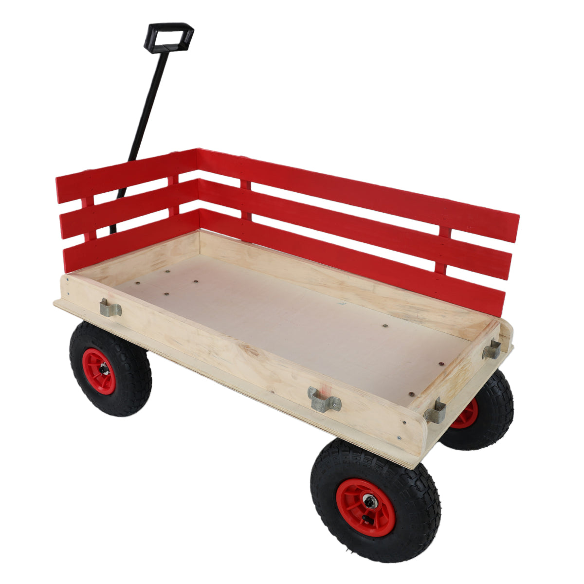 Children's and garden wooden carriages, all-terrain rubber inflatable wheelers, outdoor games, courtyard transportation, picnic supplies (red and natural colors)