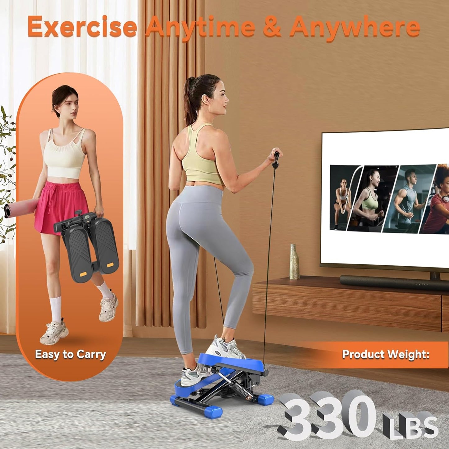Mini Stepper for Exercise at Home, Portable Stair Stepper with Resistance Bands, 330LBS Capacity Stair Step Workout Machine with LCD Monitor for Fullbody Cardio Workout