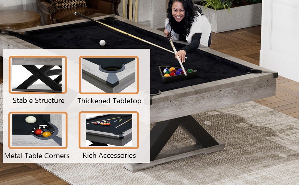 84" Pool Table, 7 FT Billiard Tables with 2 Cue Sticks, Billiard Balls, Cues, Cleaning Brush,Stable Legs,Modern Billiards Table,Black Cloth, Rustic Grey,84.1" L x 46.5" W x 32" H