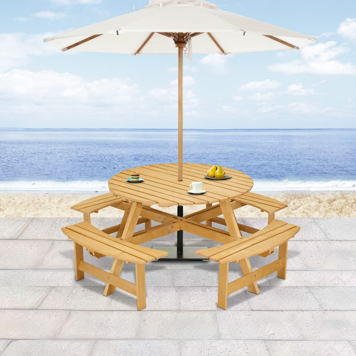Outdoor 8 Person Picnic Table, 8 person Round Picnic Table with 4 Built-in Benches, Umbrella Hole, Outside Table and Bench Set for Garden, Backyard, Porch, Patio,  Natural   WL