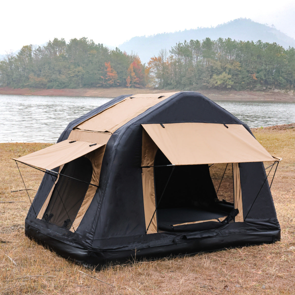 Foldable 2-3 People Amphibious Inflatable Car Roof Top Tent for camping Outdoor Glamping Camping Tent for SUV,Truck( Without Ladder, Two-tone Style, Khaki & Black)