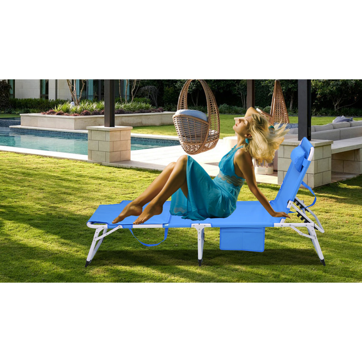 3-in-1 Heavy Duty Tanning Chair with Face Hole Adjustable 5-Position Folding Chaise Lounge Chairs for Outside Portable Lay Flat Beach Lounge Chair for Outdoor Sunbathing Patio Pool Lawn Camping Deck P