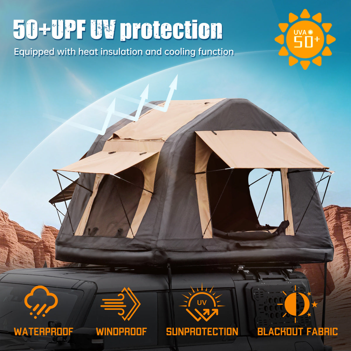 Foldable 2-3 People Amphibious Inflatable Car Roof Top Tent for camping Outdoor Glamping Camping Tent for SUV,Truck( Without Ladder, Two-tone Style, Khaki & Black)