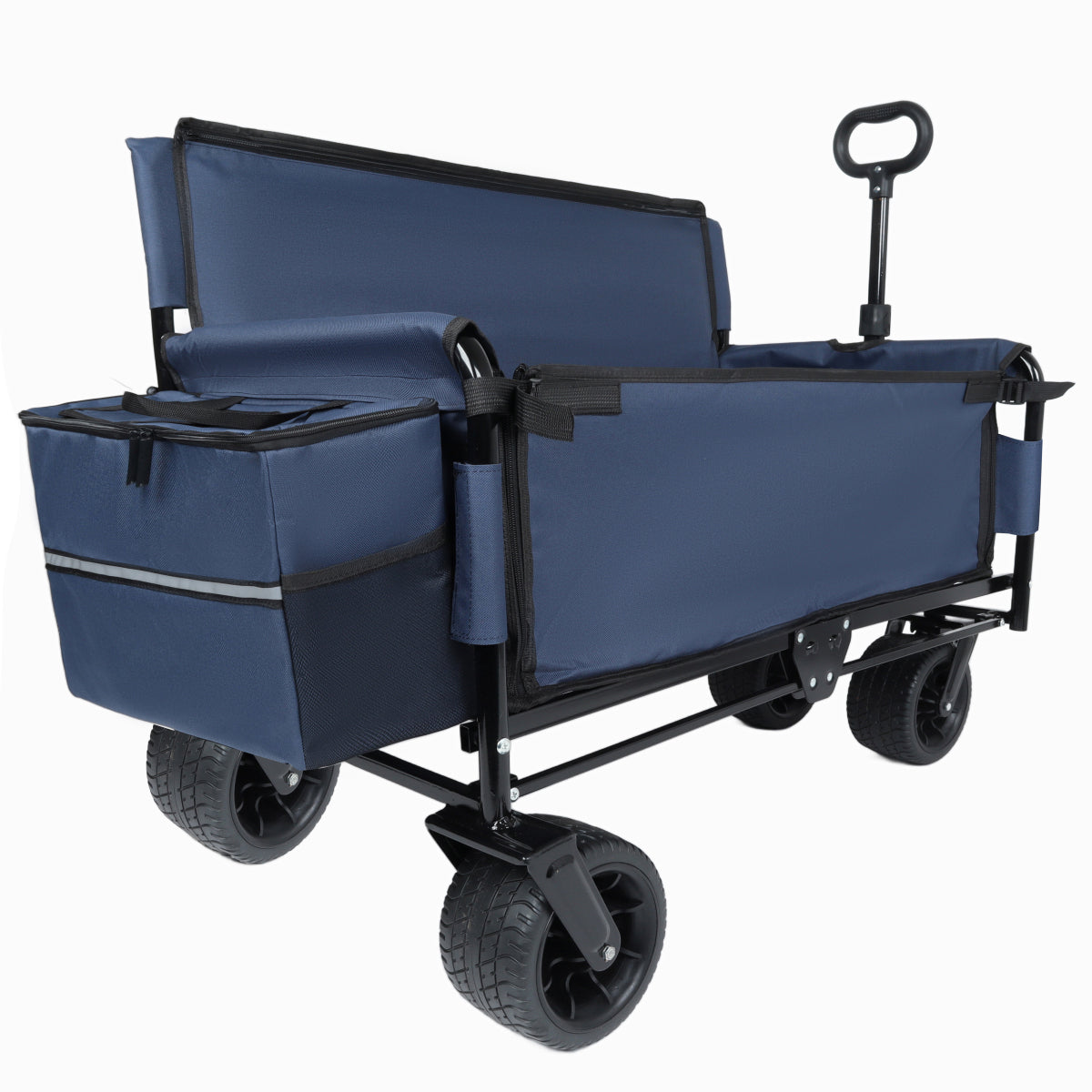 3-in-1 Folding Wagon Cart with Bench Seat & Storage, patent protection- Includes 1 ice pack, 500lbs Heavy-Duty, 180L Capacity All-Terrain Wheels for Camping, Beach, Sports, Garden, dark blue