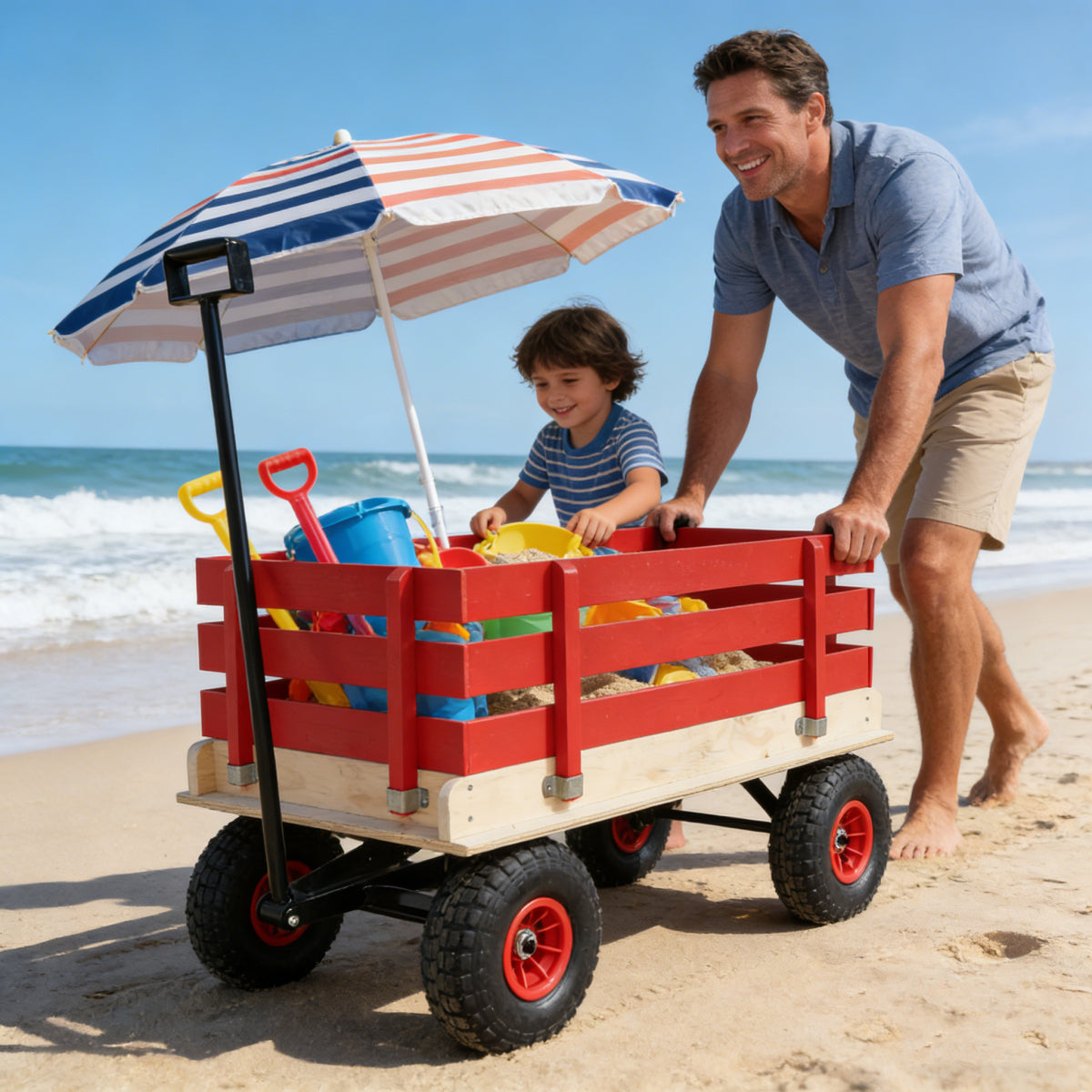 Children's and garden wooden carriages, all-terrain rubber inflatable wheelers, outdoor games, courtyard transportation, picnic supplies (red and natural colors)